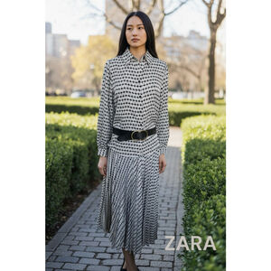 ZARA Black & White Geometric Long Sleeve Skirt and Blouse S-M